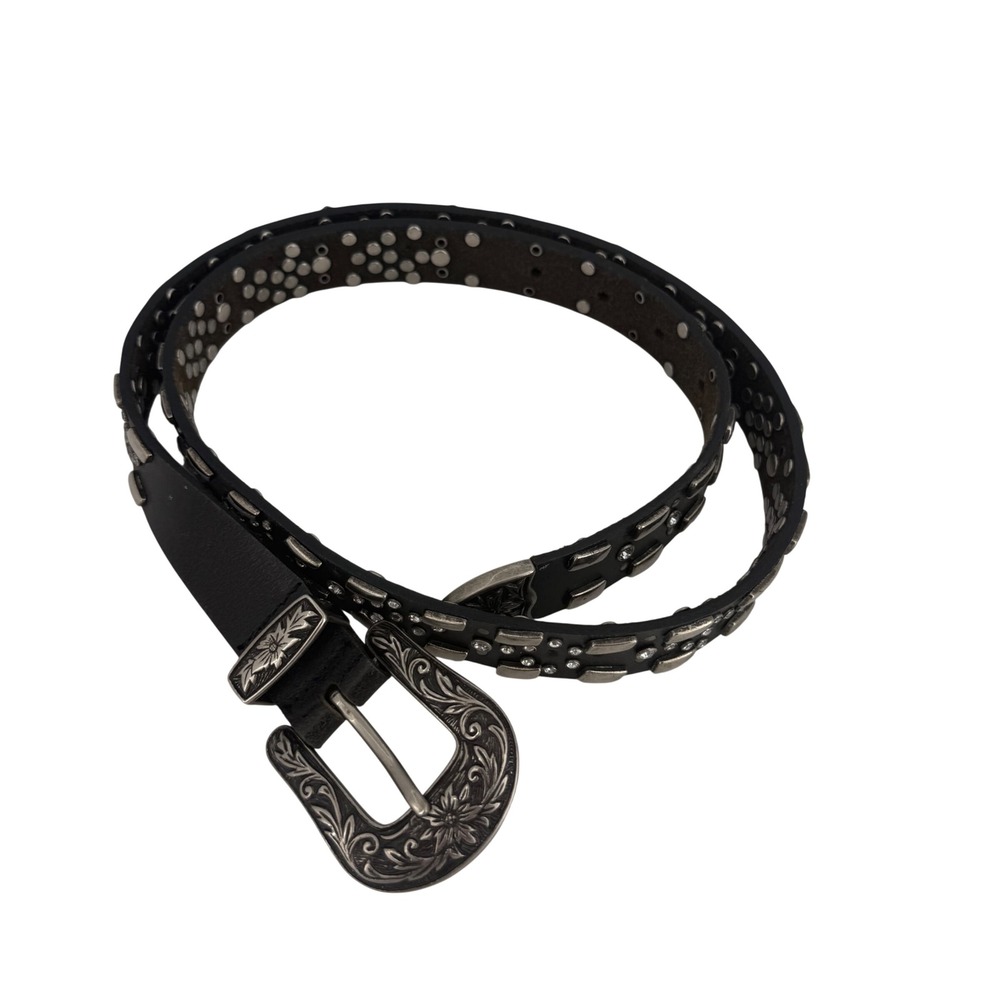 Western Black Leather Studded Rhinestone Belt Rodeo Cowgirl Glam Y2K Size Large